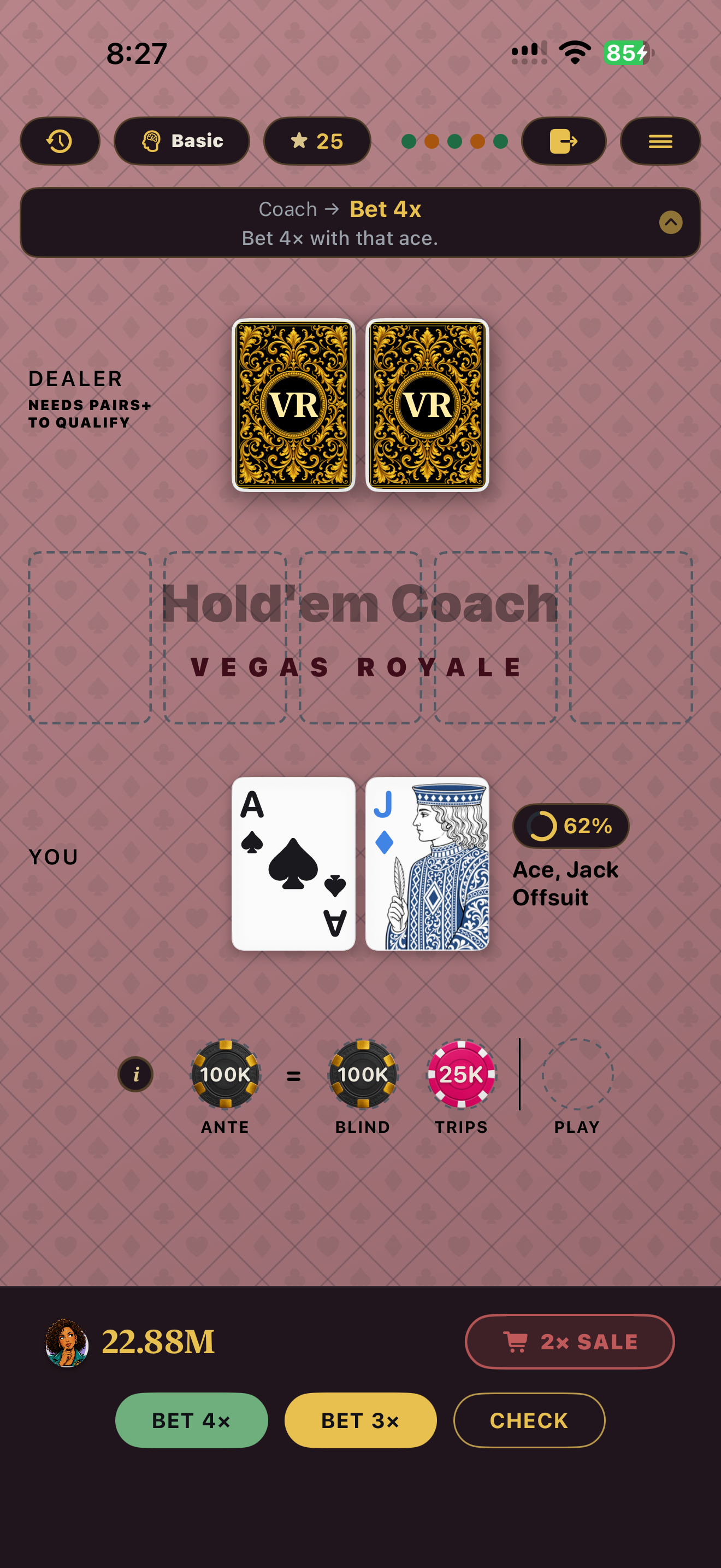 Hold'em Coach — Coach recommends Bet 4x preflop
