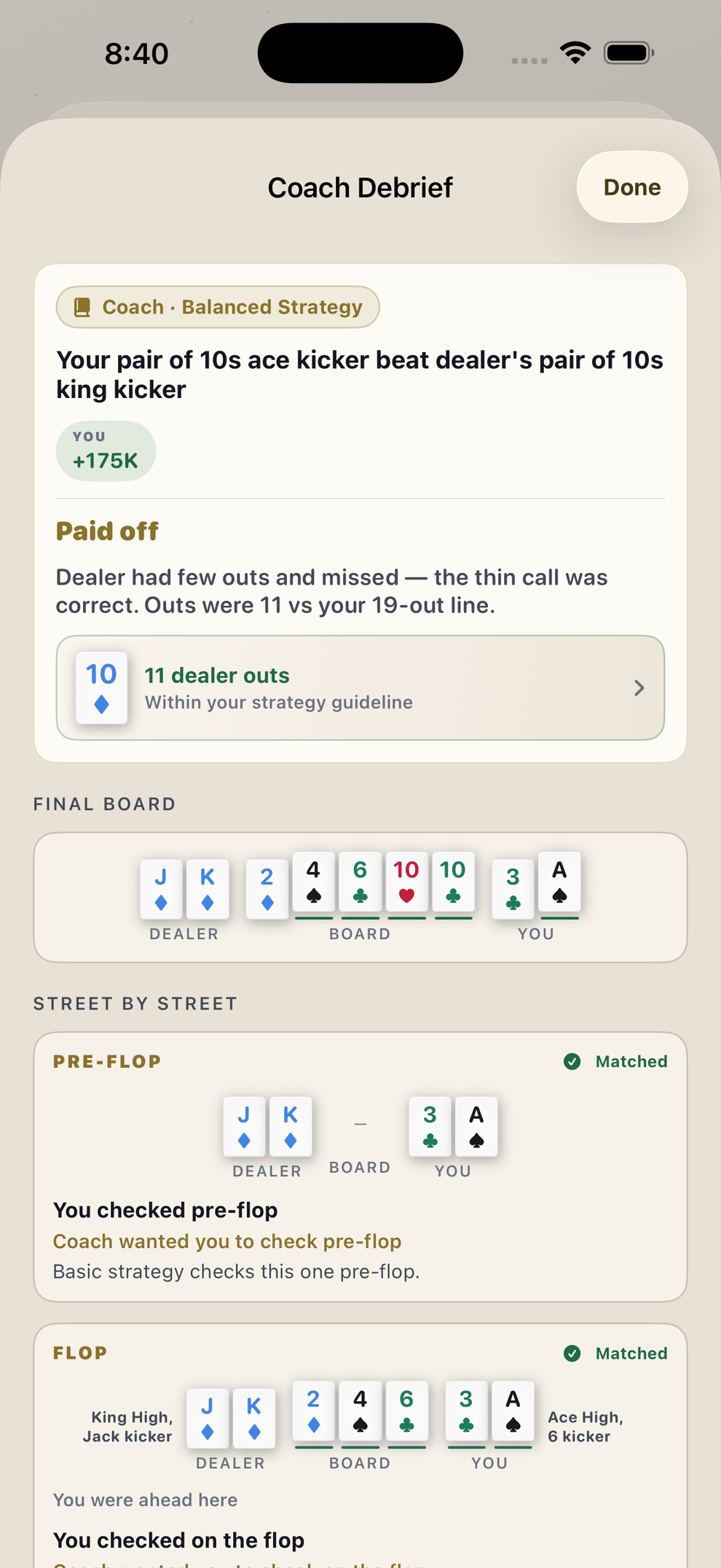 Hold'em Coach — street-by-street Coach Debrief