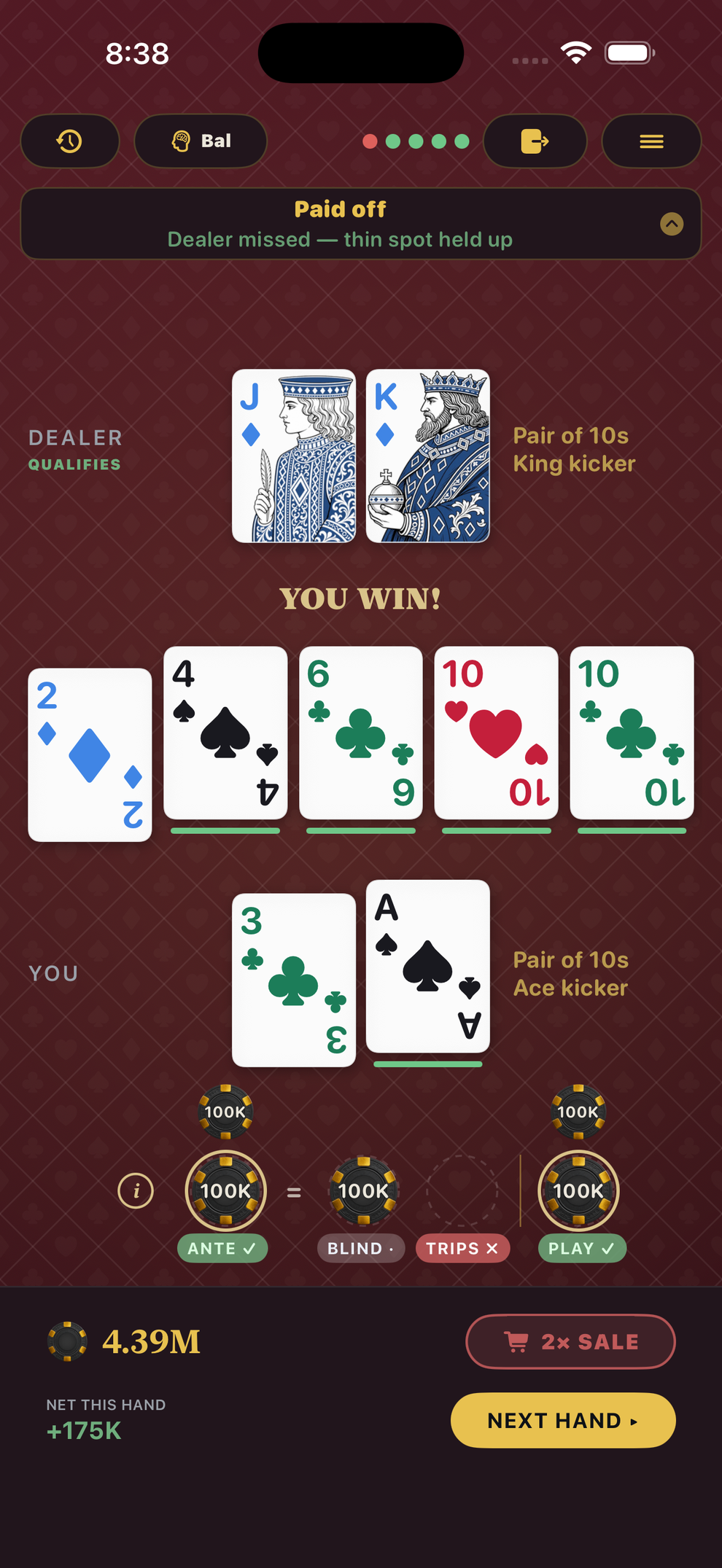 Hold'em Coach — you win with pair of 10s ace kicker