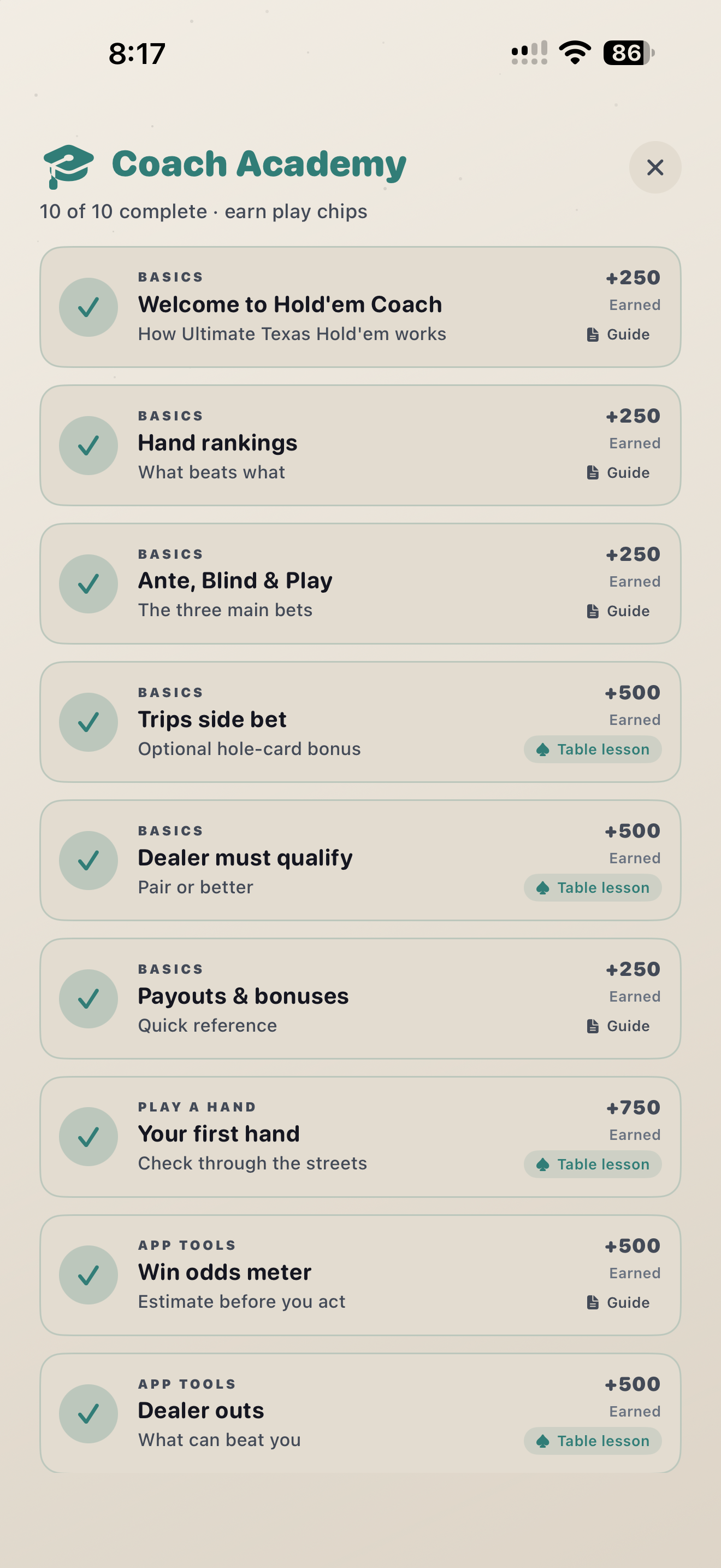 Hold'em Coach Academy — guided lesson list