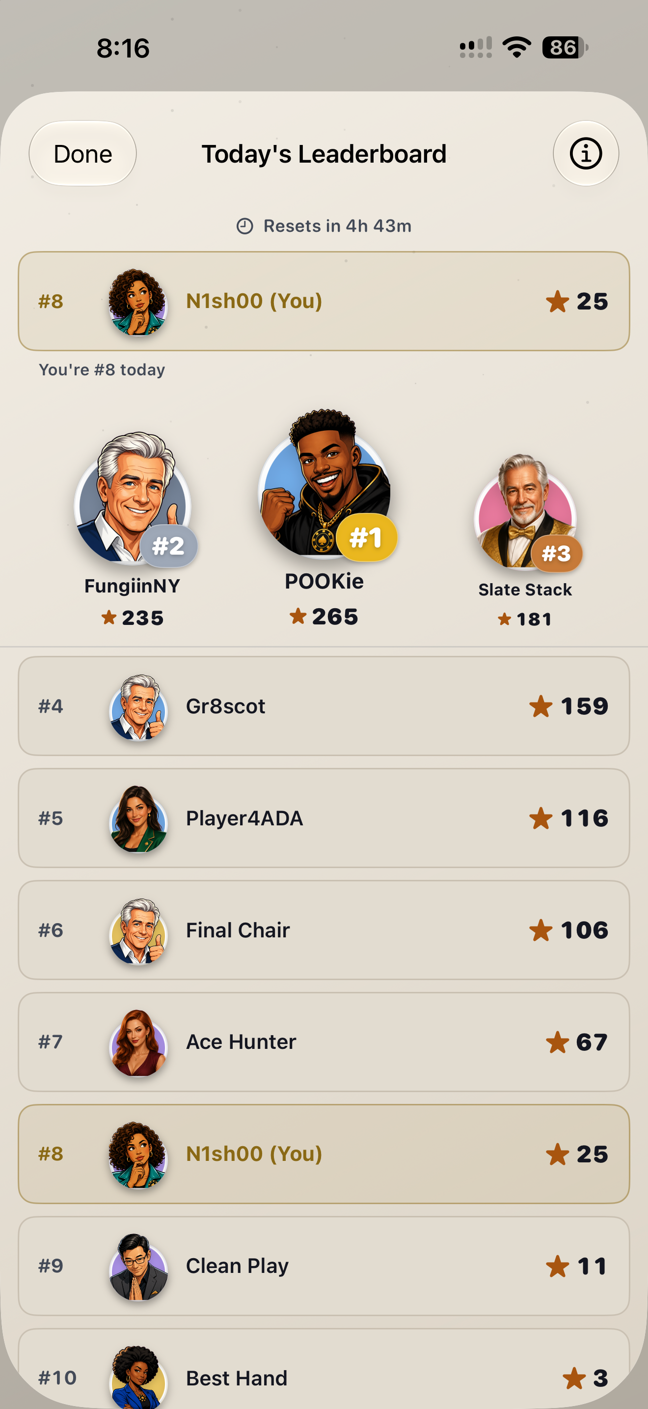 Hold'em Coach — Today's Leaderboard with Daily Stars