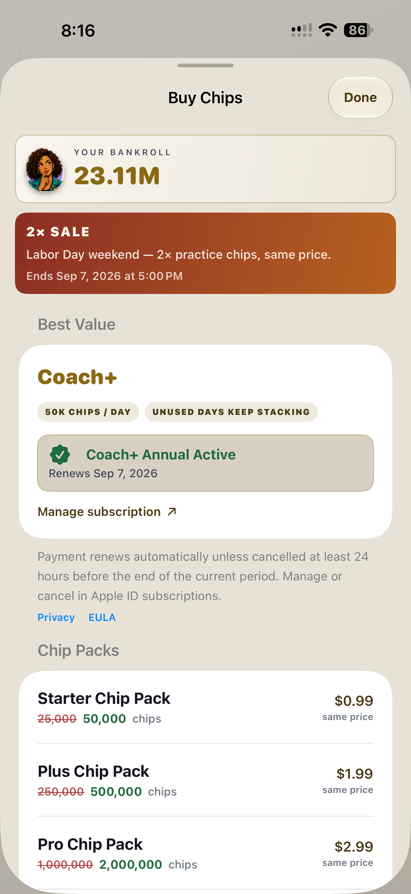 Hold'em Coach Chip Shop with Coach+ subscription