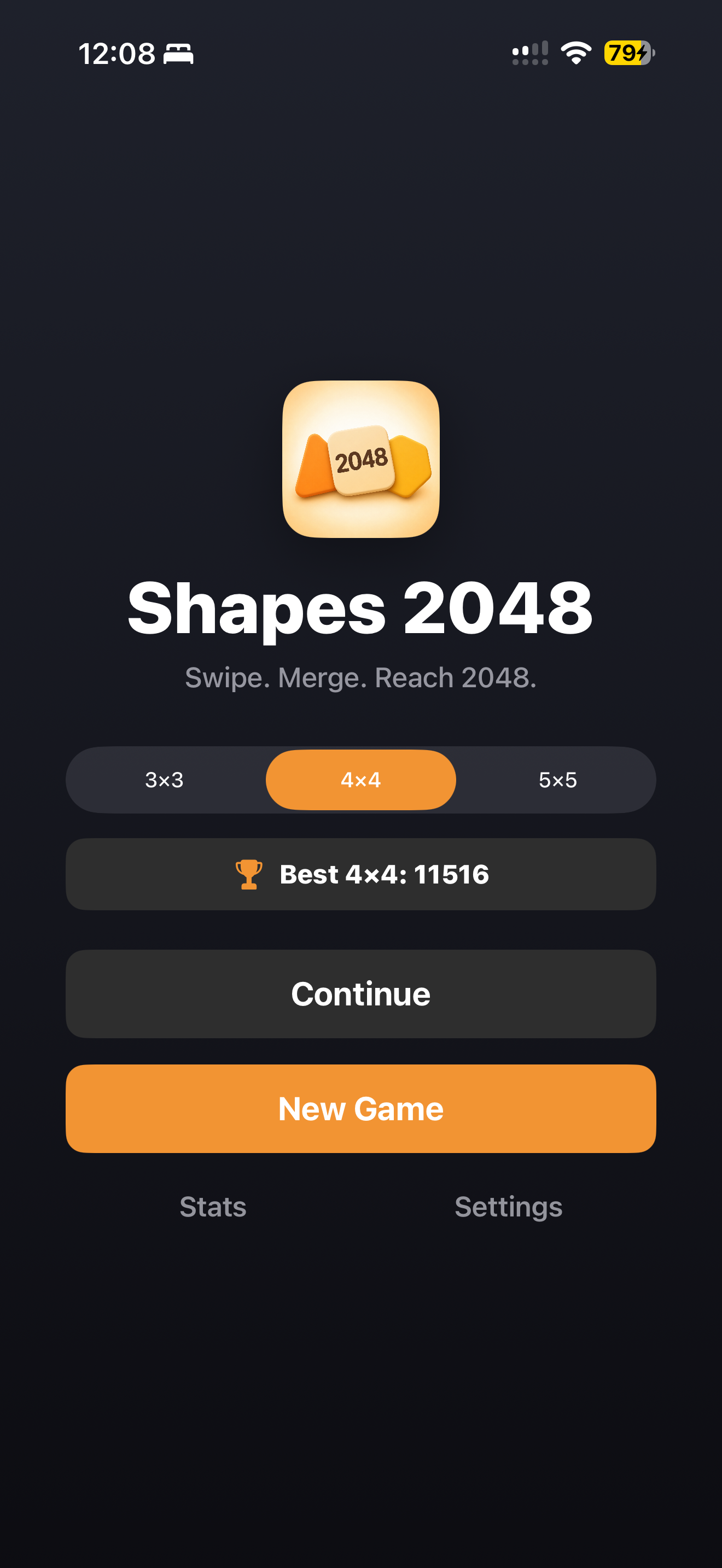 Shapes 2048 home screen — pick a 3×3, 4×4, or 5×5 board