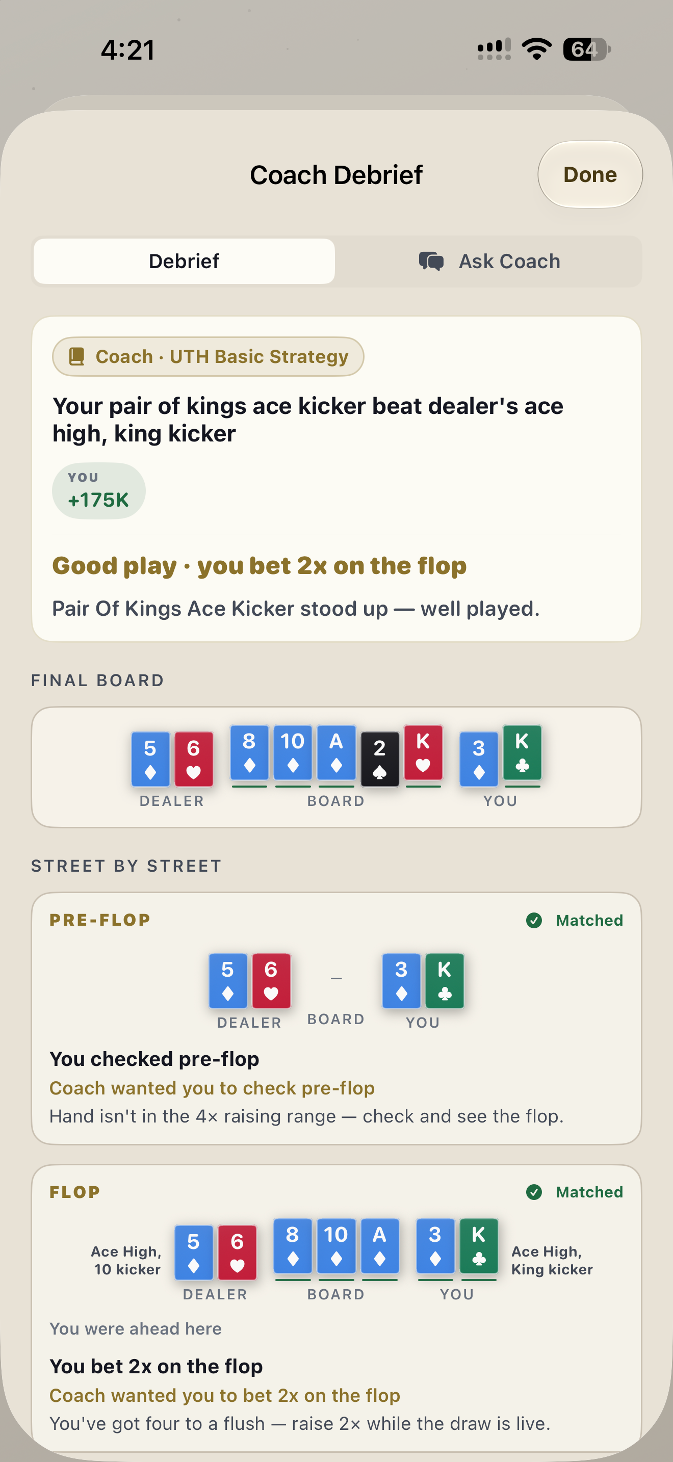 Hold'em Coach Coach Debrief tab with street-by-street review and Ask Coach tab visible
