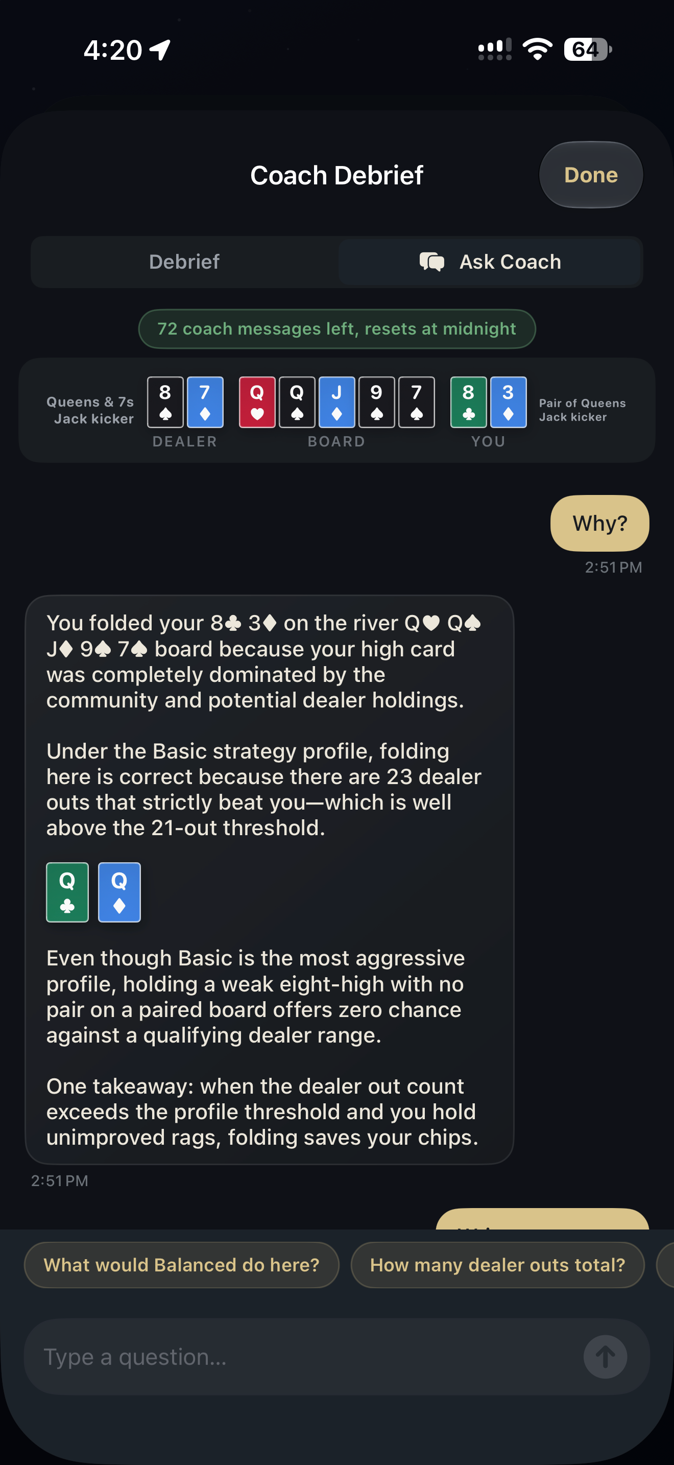 Hold'em Coach Ask Coach showing daily message counter and suggested strategy prompts