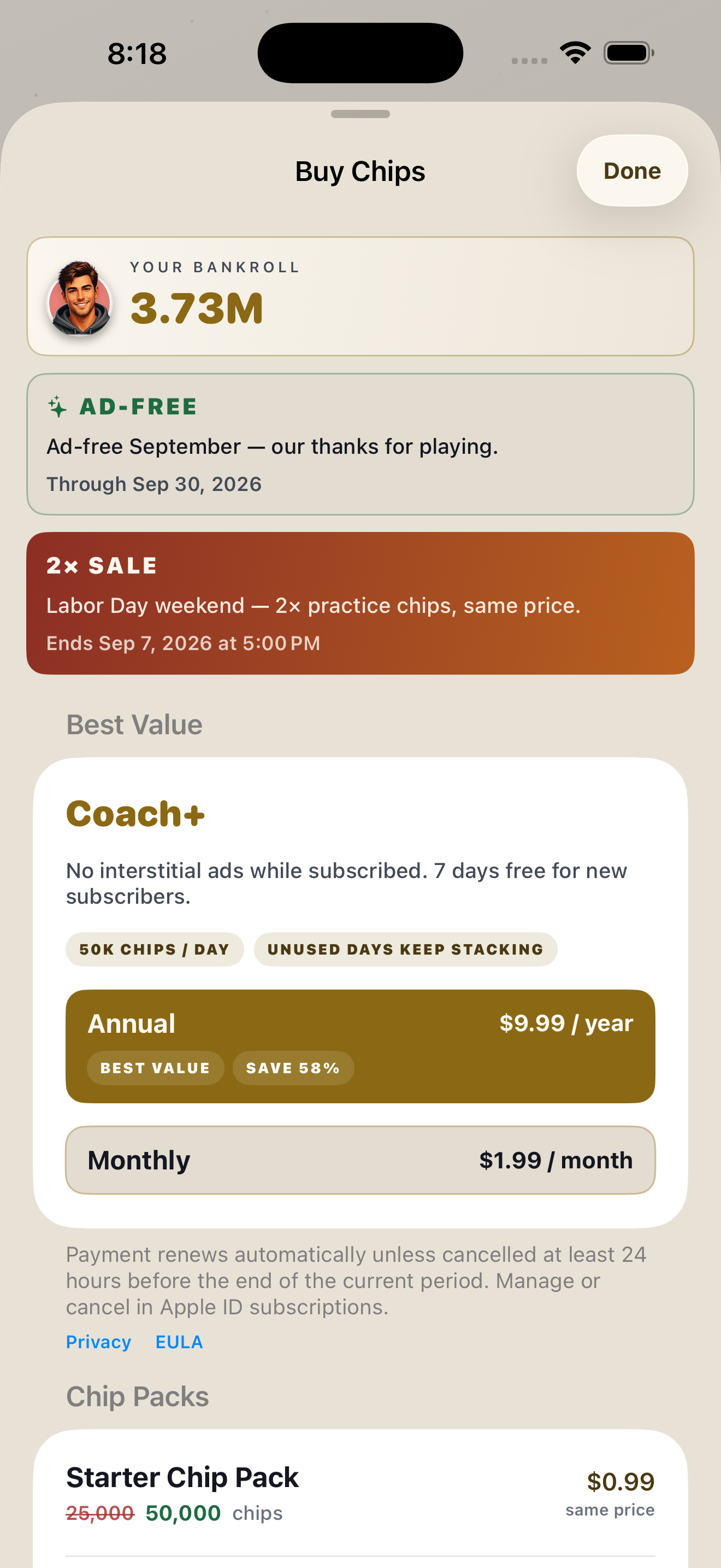 Hold'em Coach Coach+ subscription with 7-day free trial