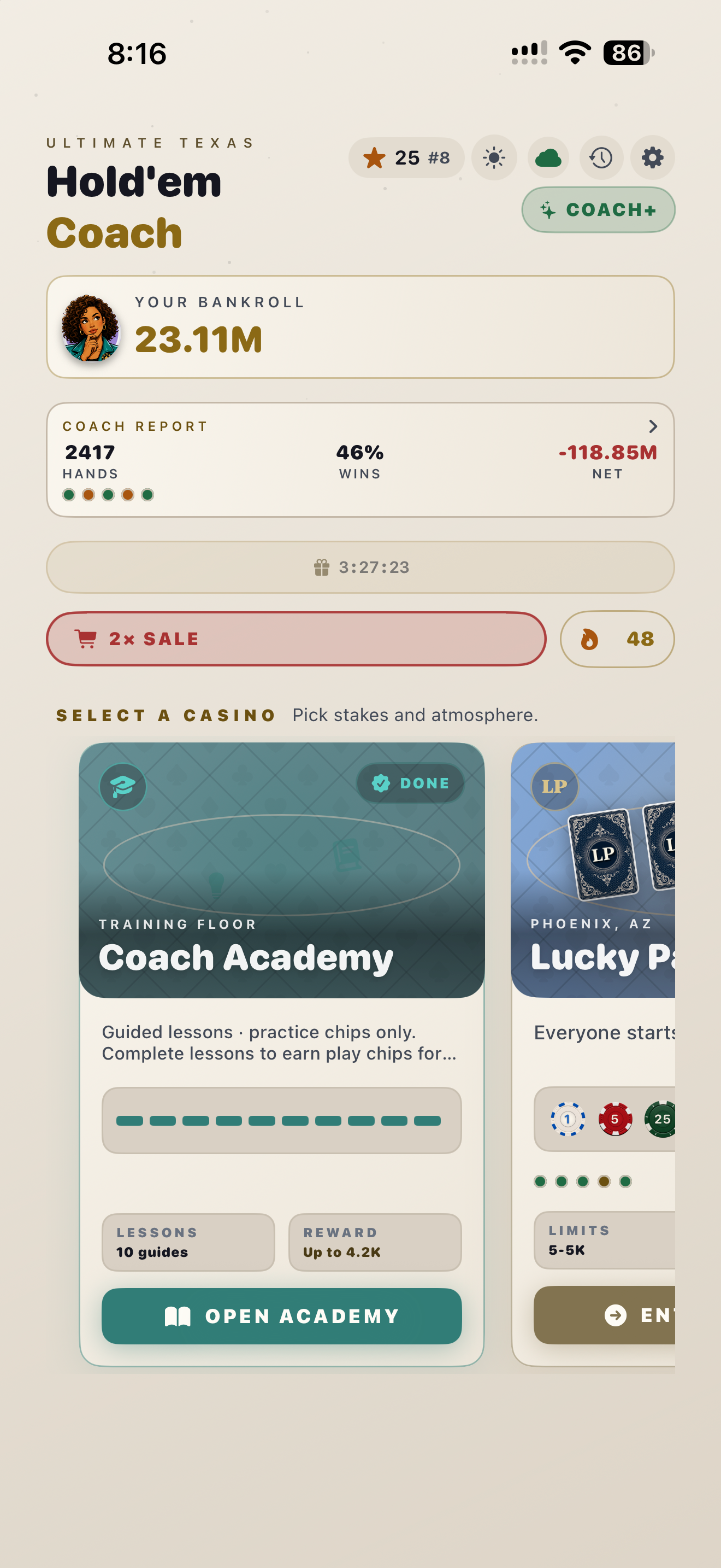 Hold'em Coach lobby with Coach Academy and casino picker