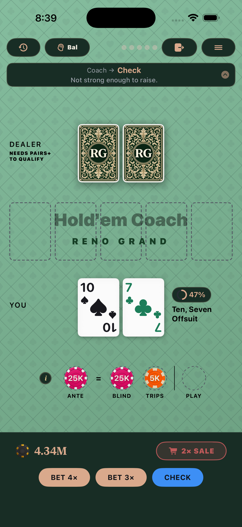 Hold'em Coach coach recommending Check preflop