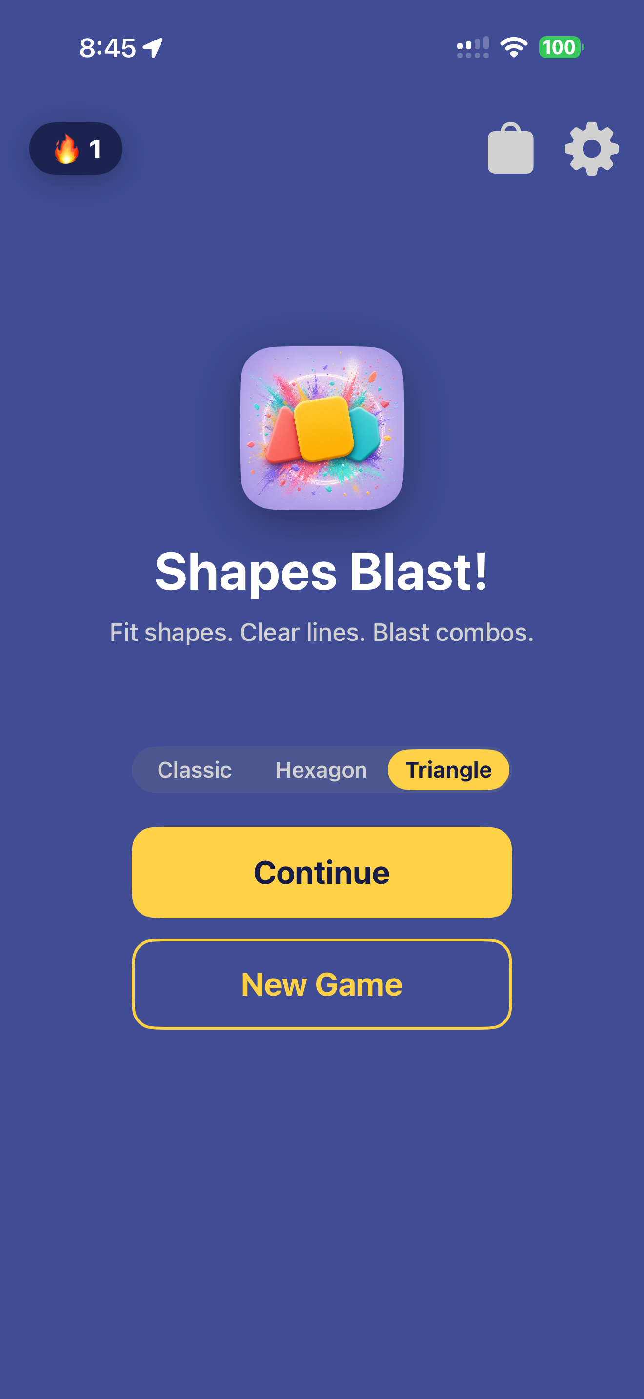 Shapes Blast home screen with Classic, Hexagon, and Triangle board picker